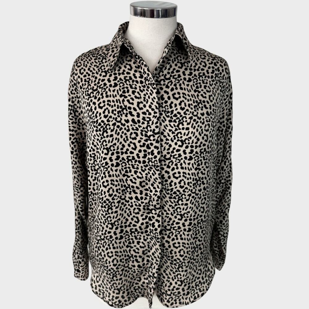 Express Womens XS Button Front Beige Tan Black Animal Print Blouse Polyester